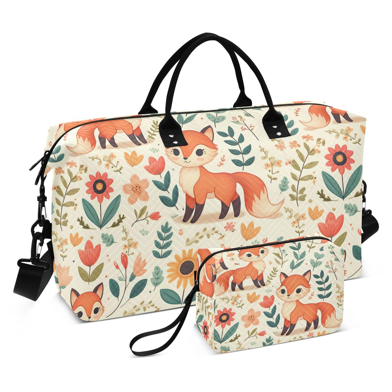 Fox Travel Duffle Bag Gym Bag, Fox Floral Elements Weekender Bags for Women with Toiletry Bag Travel Tote Bag Swim Bag