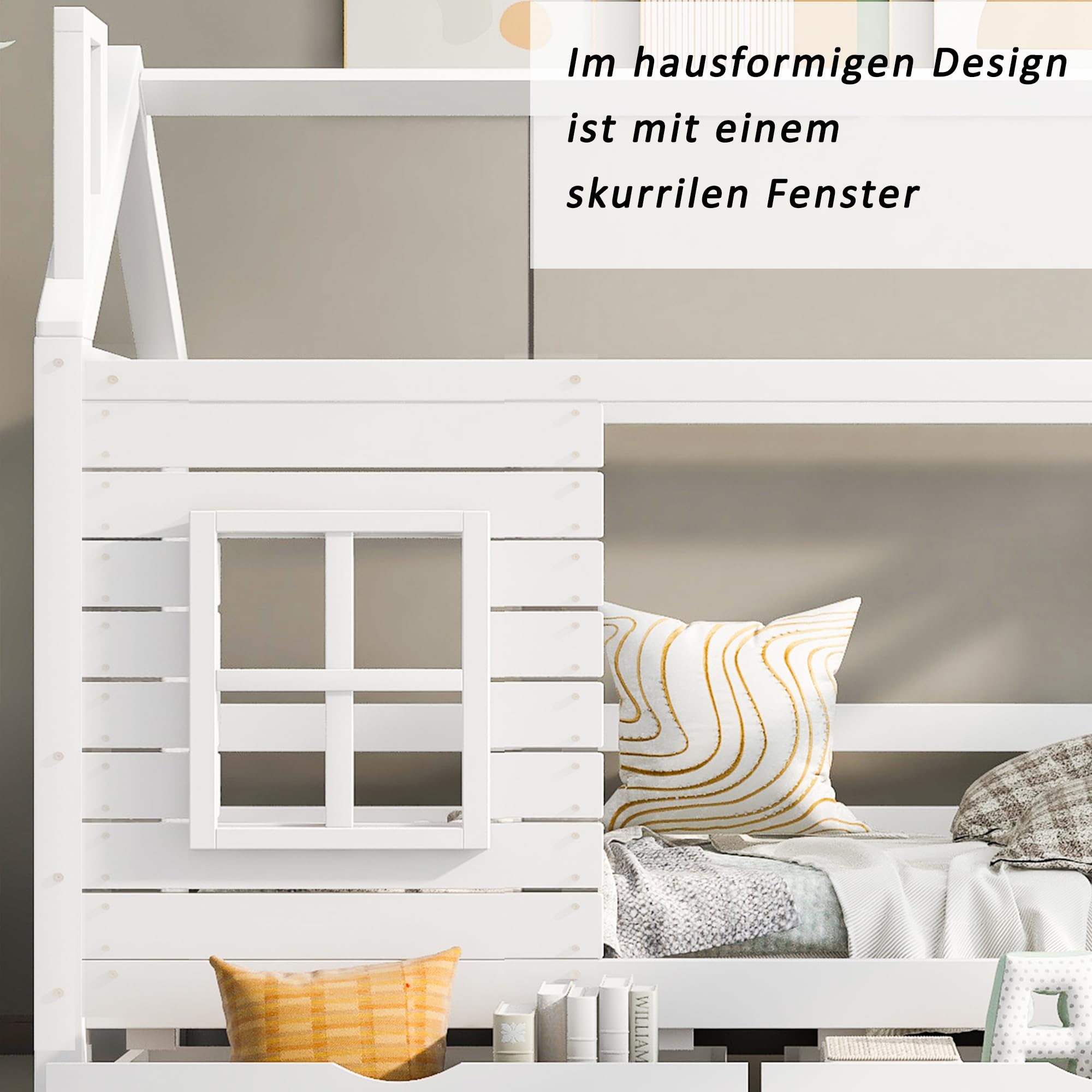 HESHU Kinderbett Hausbett 90x200 cm, Bettgestell mit Fenstern und 2 Schubladen, Kinderbett mit Dach, Massivholz Bett mit Rausfallschutz und Lattenrost, ohne Matratze, Weiß