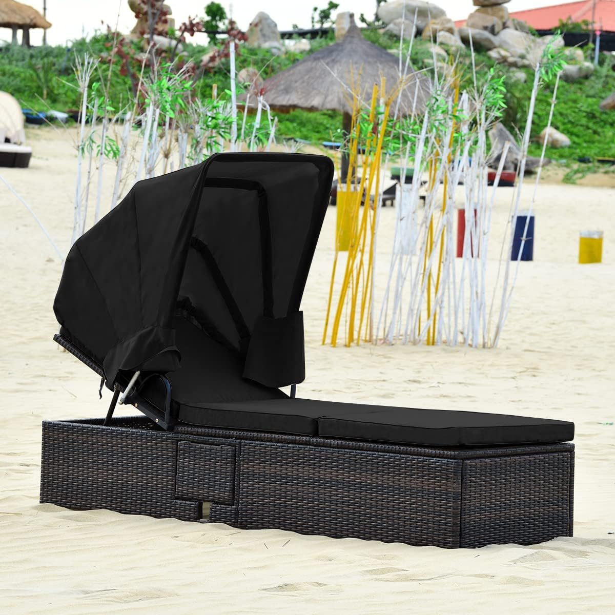 Tangkula Outdoor Chaise Lounge Chair with Folding Canopy, Adjustable Cushioned Reclining Chair with Flip-up Tea Table, Rattan Sun Lounger for Beach Poolside Backyard Balcony Porch (1, Black)