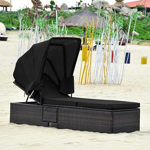 Miniatura 5 de Tangkula Chaise lounge para exteriores con toldo plegable silla reclinable acolchada ajustable con mesa de té abatible tumbona de ratán para playa