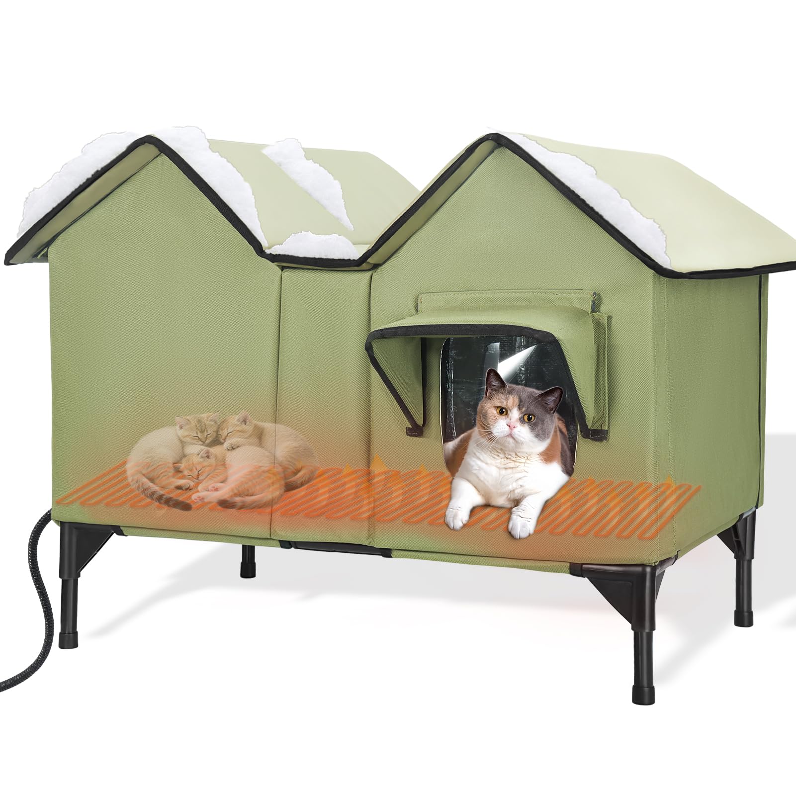Heated Cat House, Extra Large Heated Outdoor Cat House Weatherproof with Heating Pad for Winter, Elevated Waterproof Insulated Cat Houses for Outdoor Cats, Warm Feral Cat Shelter (Green)