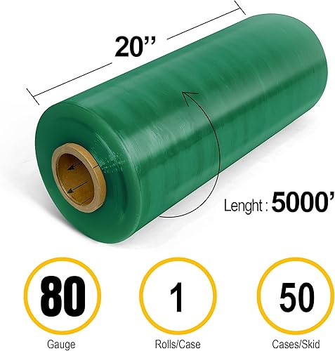 Miniatura 2 de 8NET - Envoltura elástica resistente de 20 pulgadas x 5000 pies, calibre 80, película retráctil de plástico verde, caja de 1 rollo