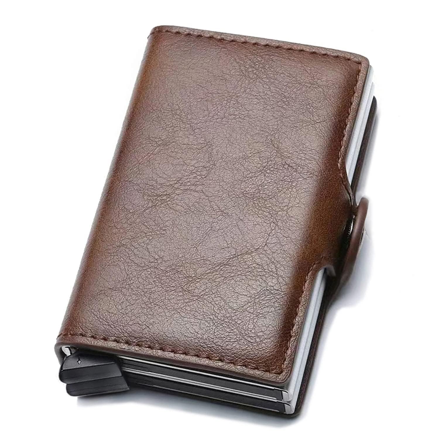 ExceforeWallet for Men Credit Card Holder, Automatic Pop Up Wallet with RFID, Leather Slim Card Case Front Pocket Anti-theft Travel Thin Wallets, Metal Money Organizers Up to Holds 14 cards& Cash (Coffee)