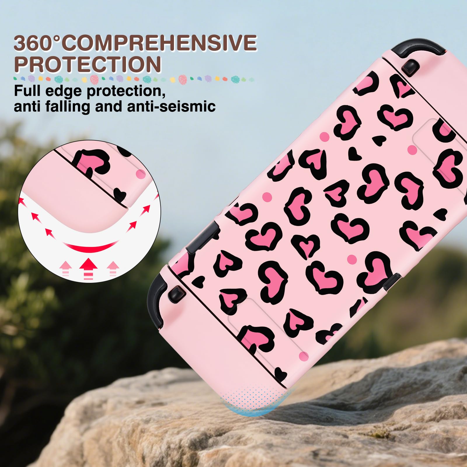 DLseego Protective Case Compatible with Switch 2,Heart Leopard TPU Dockable Soft Cover with Switch 2 Dock Case,Handle Cover and 4PCS Thumb Grips,Pink — view 2