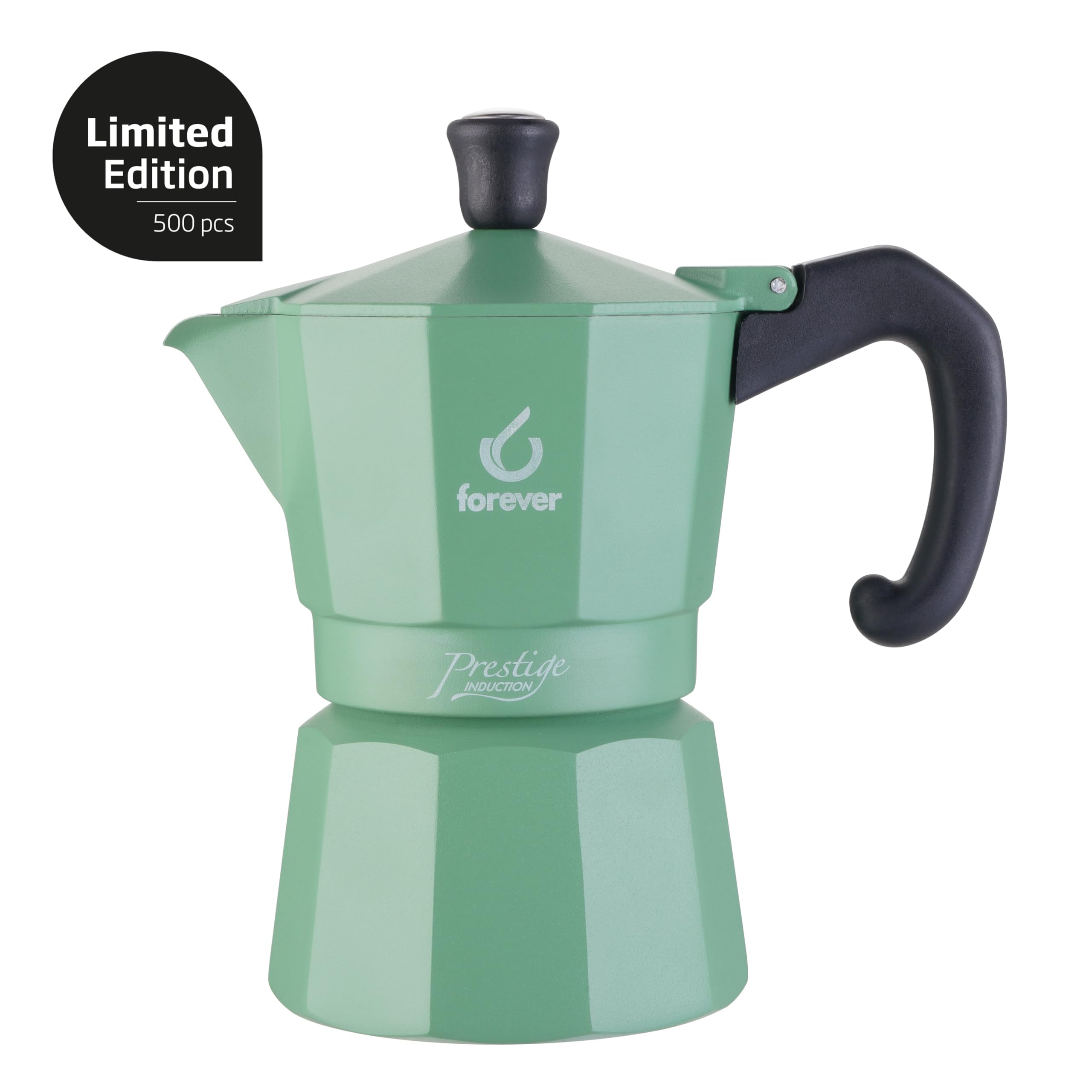 FOREVER Miss Moka Prestige Induction UNICA 'Kashmere Green' – 3 Tazze | Caffettiera Moka per Piano a Induzione| Edizione Limitata 500 Pezzi in Materiale Composite | Con Guarnizione in Silicone