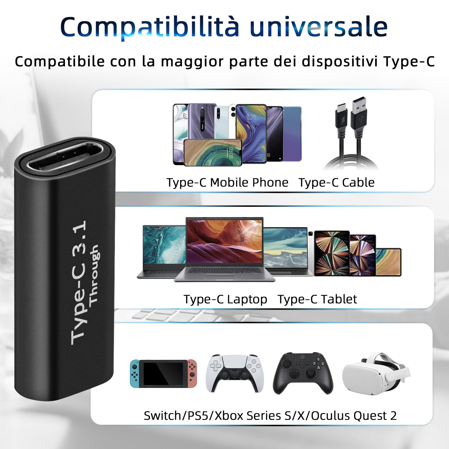 USB C 3.1 Adattatore Femmina a Femmina 2Pcs 10Gbps 4K Video Audio Ricarica Rapida per Switch PS5 S21 Laptop