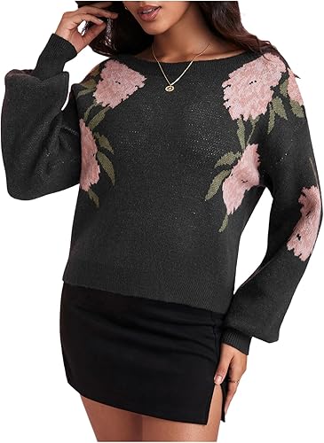 SOLY HUX Women's Floral Sweater Long Sleeve Boat Neck Shirts Pullover Knit Jumpe