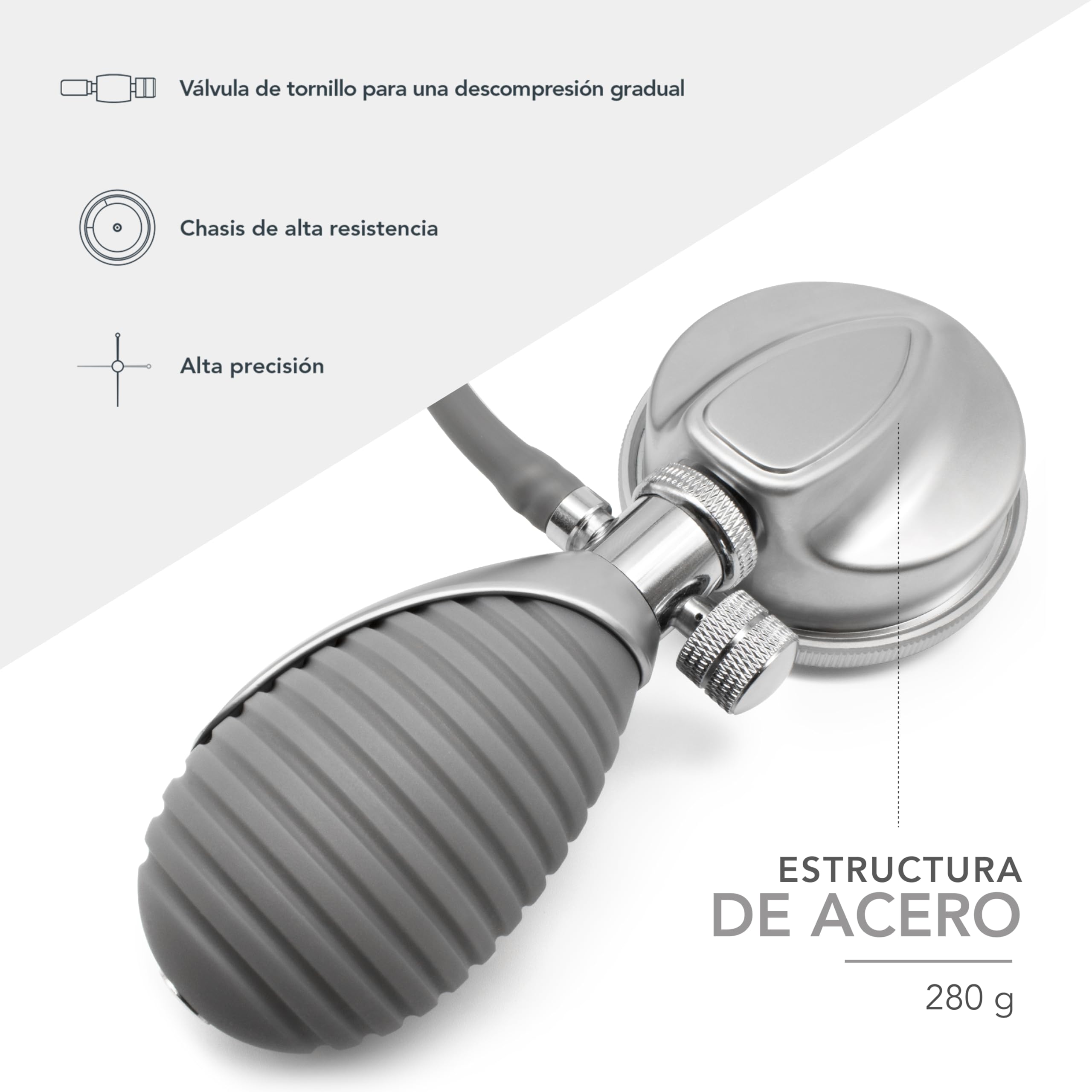 AIESI® Esfigmomanometro Manual Profesional Aneroide Tensiómetro palmar con brazalete de nylon para adultos y estetoscopio ANEROID A7, Agarre adjustable, Garantía 24 meses