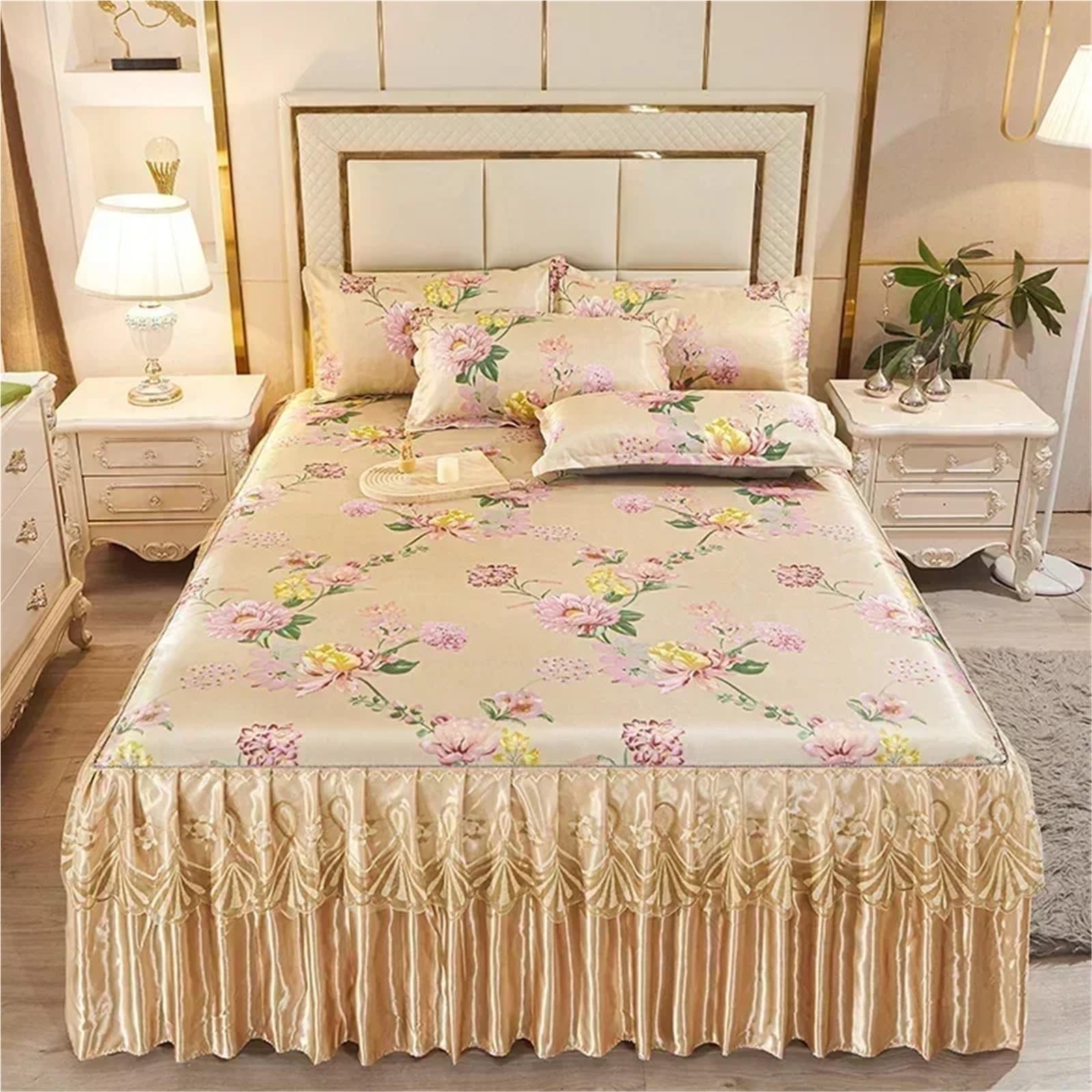 Falda de cama con encaje y juego de tres piezas con funda de doble capa transpirable