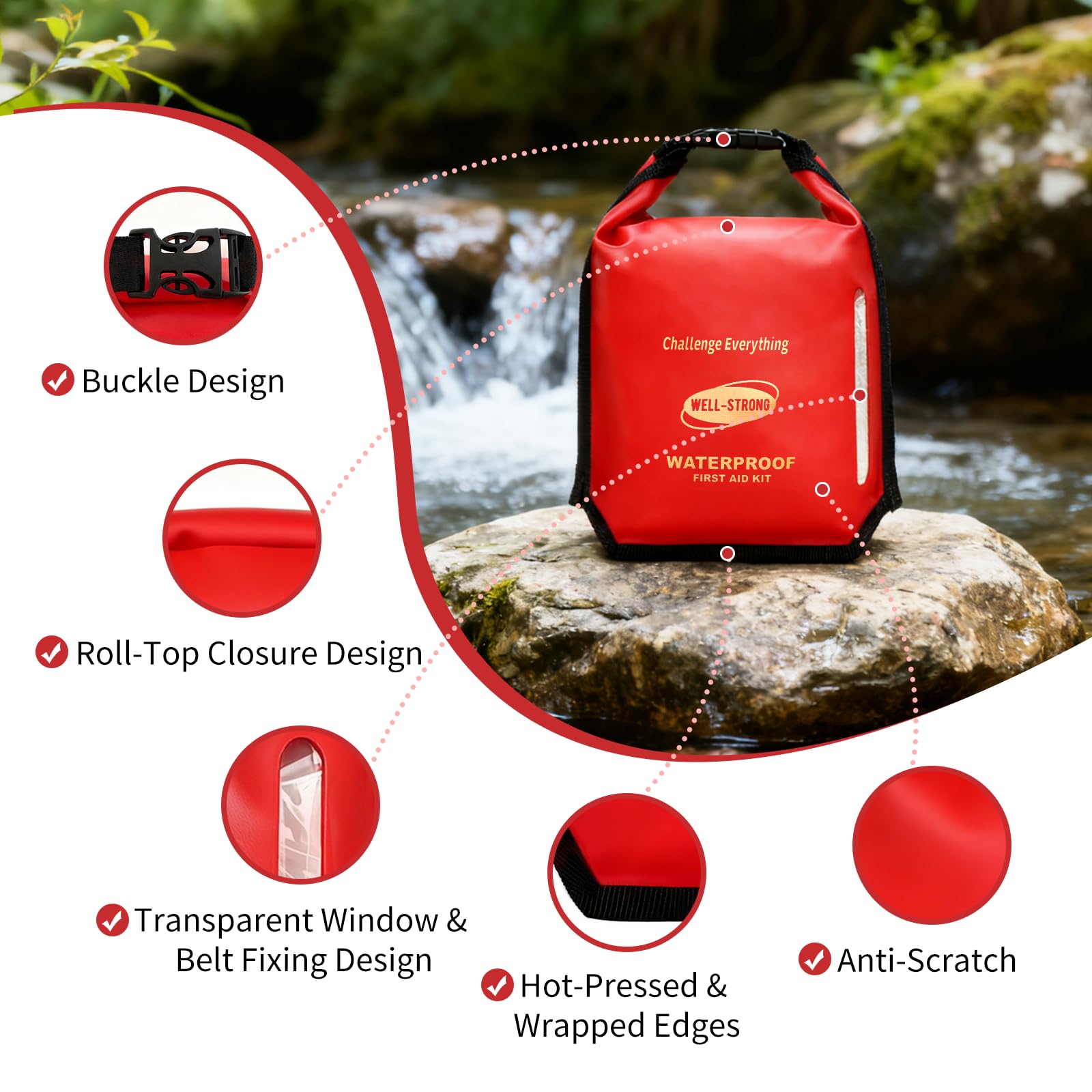 Kit de primeros auxilios impermeable con diseño Ziploc, kit de seguridad de barco marino de 226 piezas, kit de emergencia médica con cierre superior enrollable y hebilla para kayak, pesca