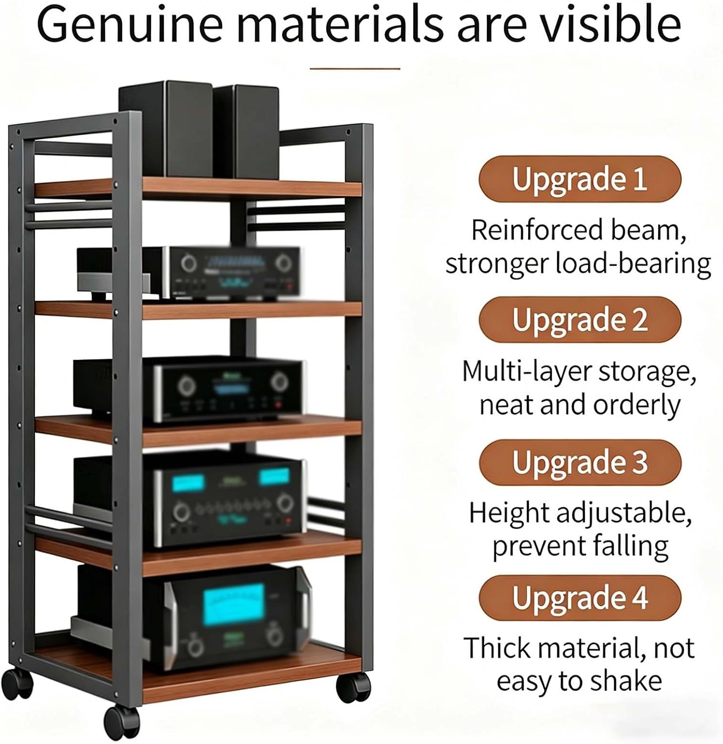5-Tier AV Media Stand with Wheels,Adjustable Audio-Video Shelving, Modern Stereo Cabinet Receiver Console Shelf, Audio Component Rack for Home/Office/Theater(Teak)
