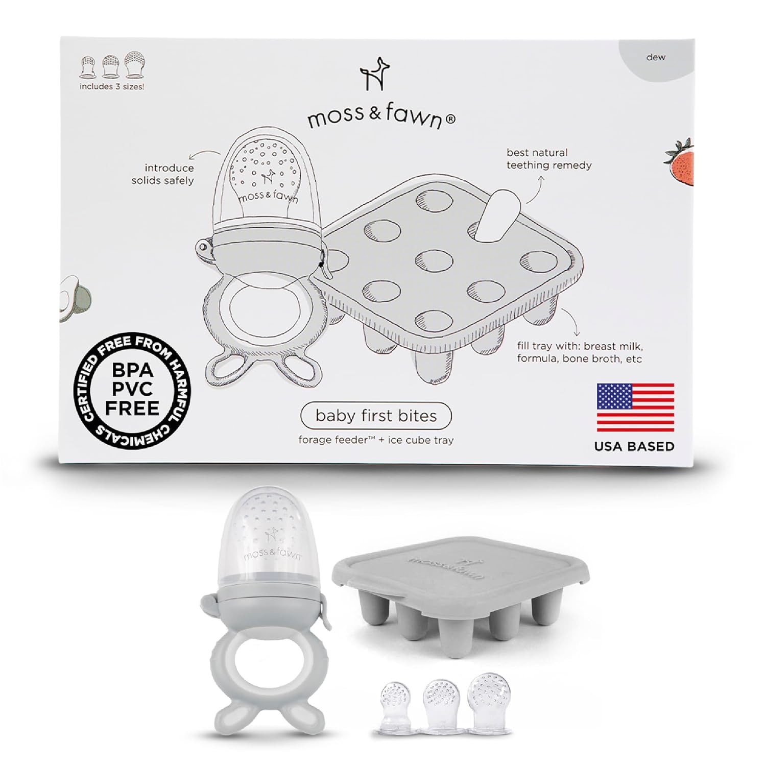 Moss and Fawn Baby's First Bites Bundle - Silicone Frozen Breast Milk Popsicle Kit with Forage Feeder & Teething Popsicle Ice Cube Tray - BPA, PVC, & Lead-Free - Dew