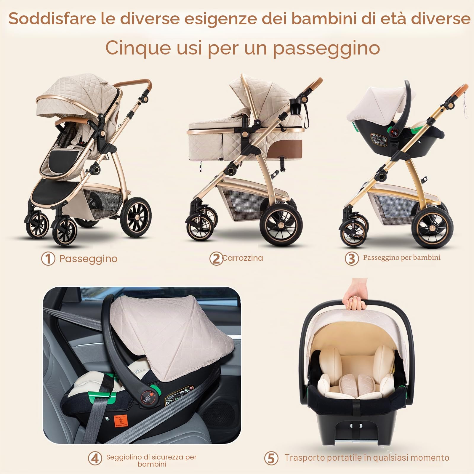 Zkiprm Passeggino 3 in 1, Sistema di Viaggio con Seggiolino Auto, Carrozzina e navicella, Braccioli regolabili, Parapioggia, Zanzariera, Telaio in alluminio, Passeggino urbano per bambini 0-4 anni