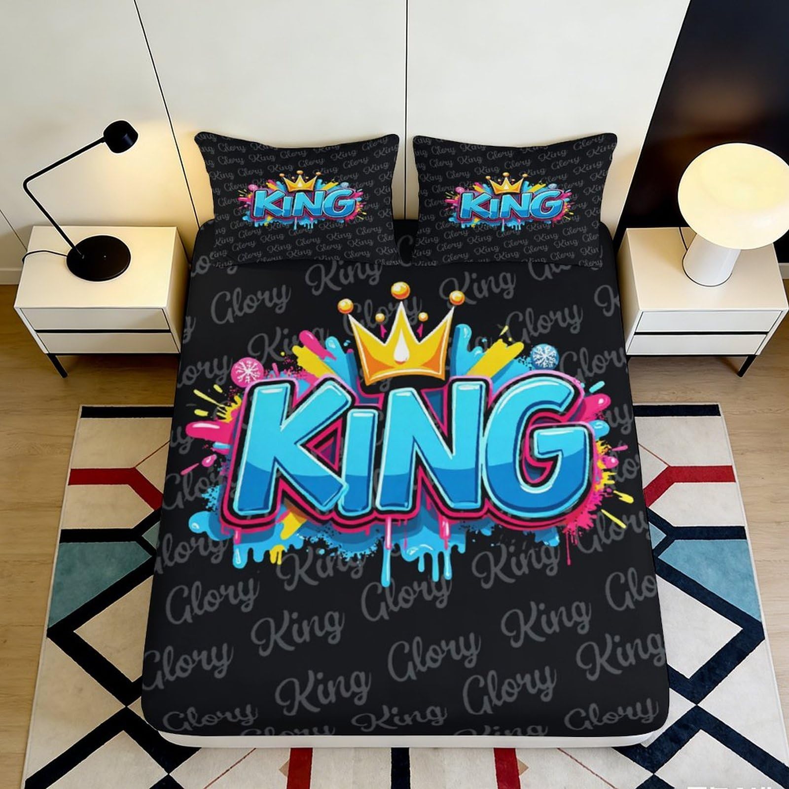 3D Printed Graffiti Crown Fitted Sheet Microfiber Soft King Letter Mattress Cover for Bedroom Dorm Home Decor 90x200x25cm