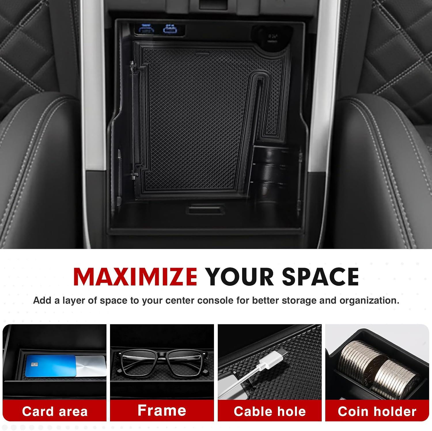 Autorder Center Console Organizer for 2026 Genesis GV70 Accessories Armrest Storage Box Secondary Insert Tray with Black Non-Slip Silicone Mats