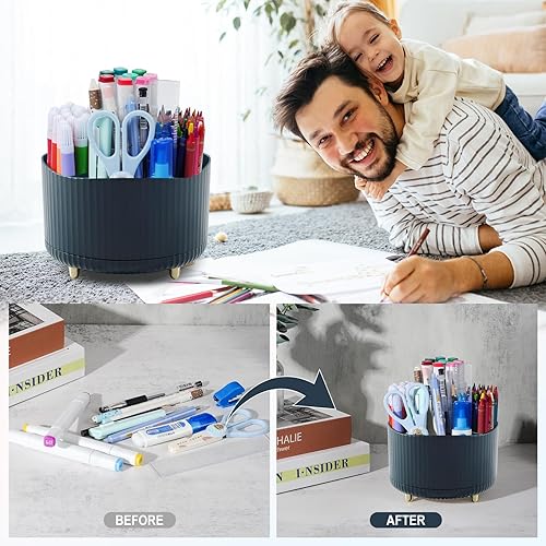Miniatura 4 de idolpack Paquete de 2 soportes para lápices para escritorio, 5 ranuras giratorias de 360, organizadores de bolígrafos de escritorio para escritorio,