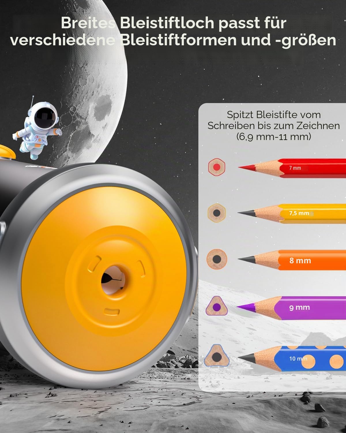 JUPITEARTH Vollautomatischer elektrischer Bleistiftspitzer,wiederaufladbarer Bleistiftspitzer mit Behälter für 6,9-11mm Buntstifte,freihändig, tragbar und sicher für Haus, Büro, Schule（Schwarz）
