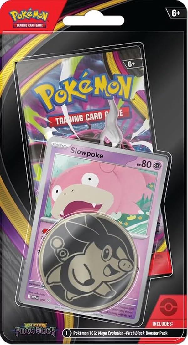 Paquete blister Mega Evolución Negro Nocturno de Pokémon (1 sobre, carta promocional de Slowpoke y moneda)