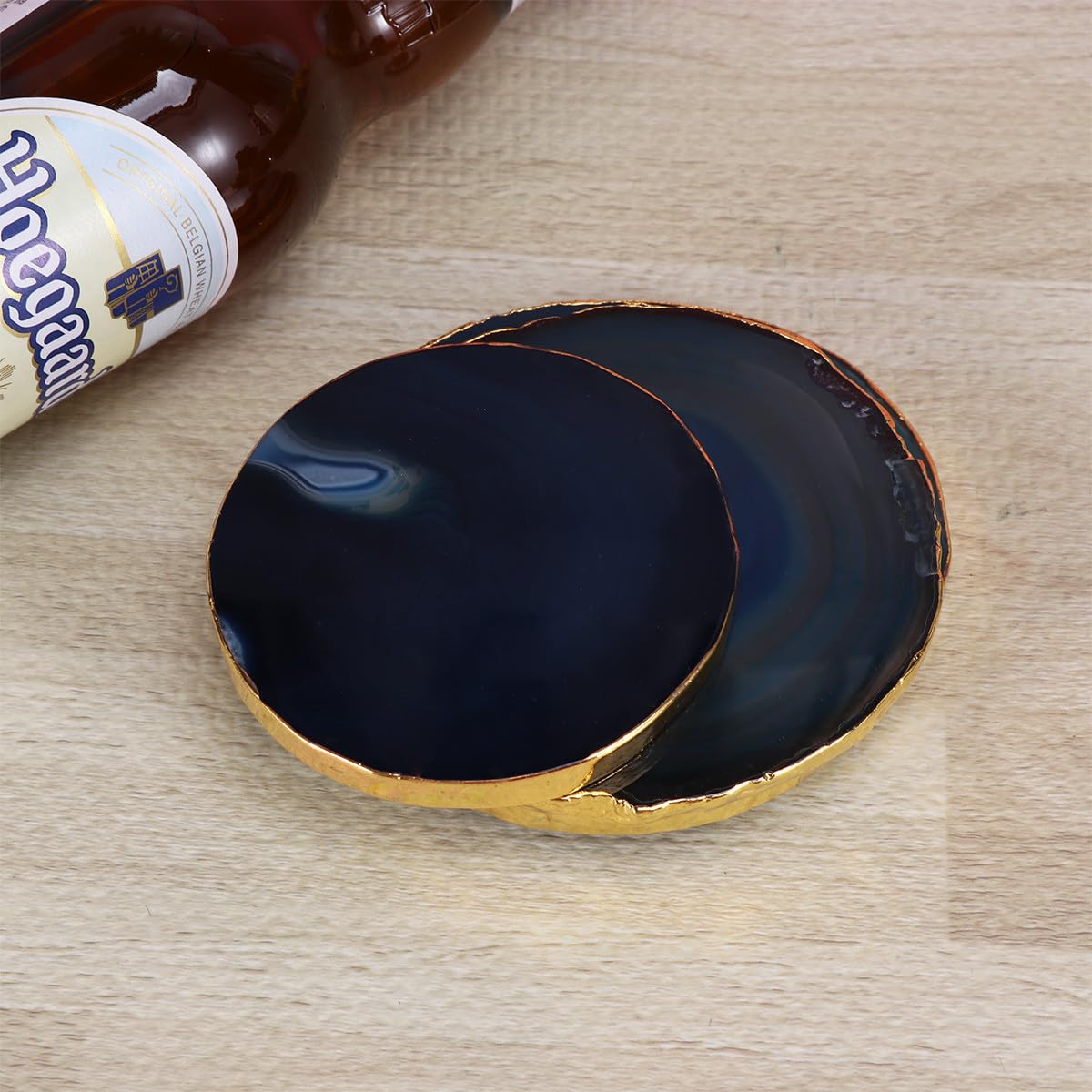 POPETPOP Sottobicchieri Creativi 4 Pezzi in Pietra di Agata Blu Rotondi Geometrici Isolamento Termico e Tappetino Antiscivolo per Ufficio e Tutte le Occasioni
