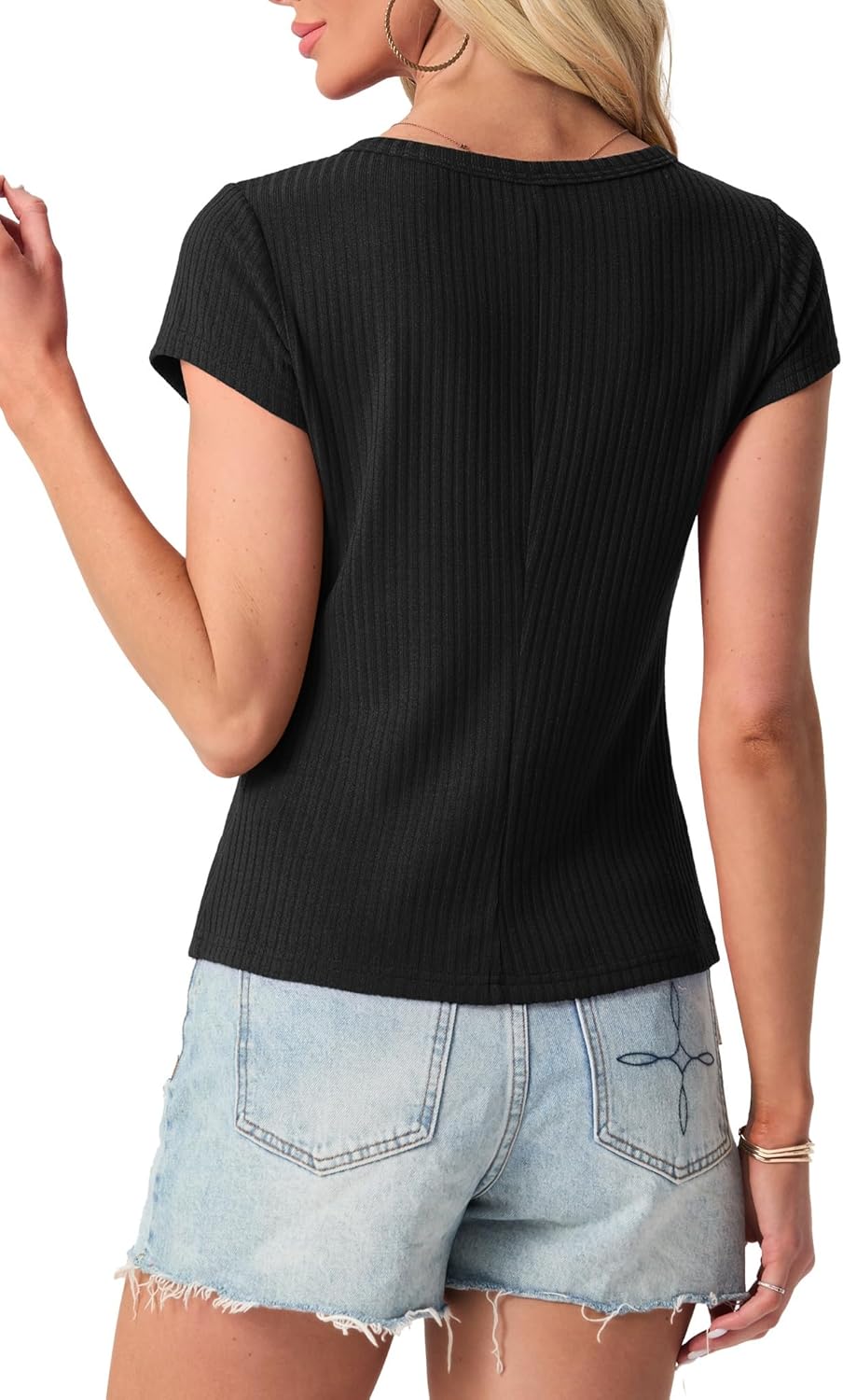 Womens Short Sleeve Shirts Casual Summer Ribbed Knit Tshirts Fitted Button Up Tops - Image 4