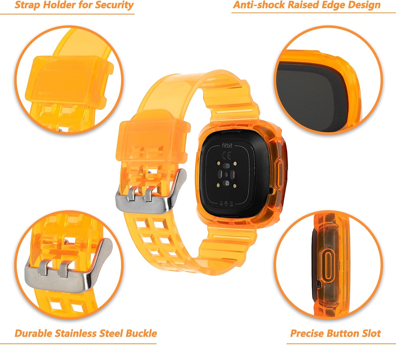 Band Compatible with Fitbit Versa 4 - 3 Sense 2 for Women Men, Clear Bumper Protective Case Replacement Wristbands Accessories Straps & 2, Orange image 3