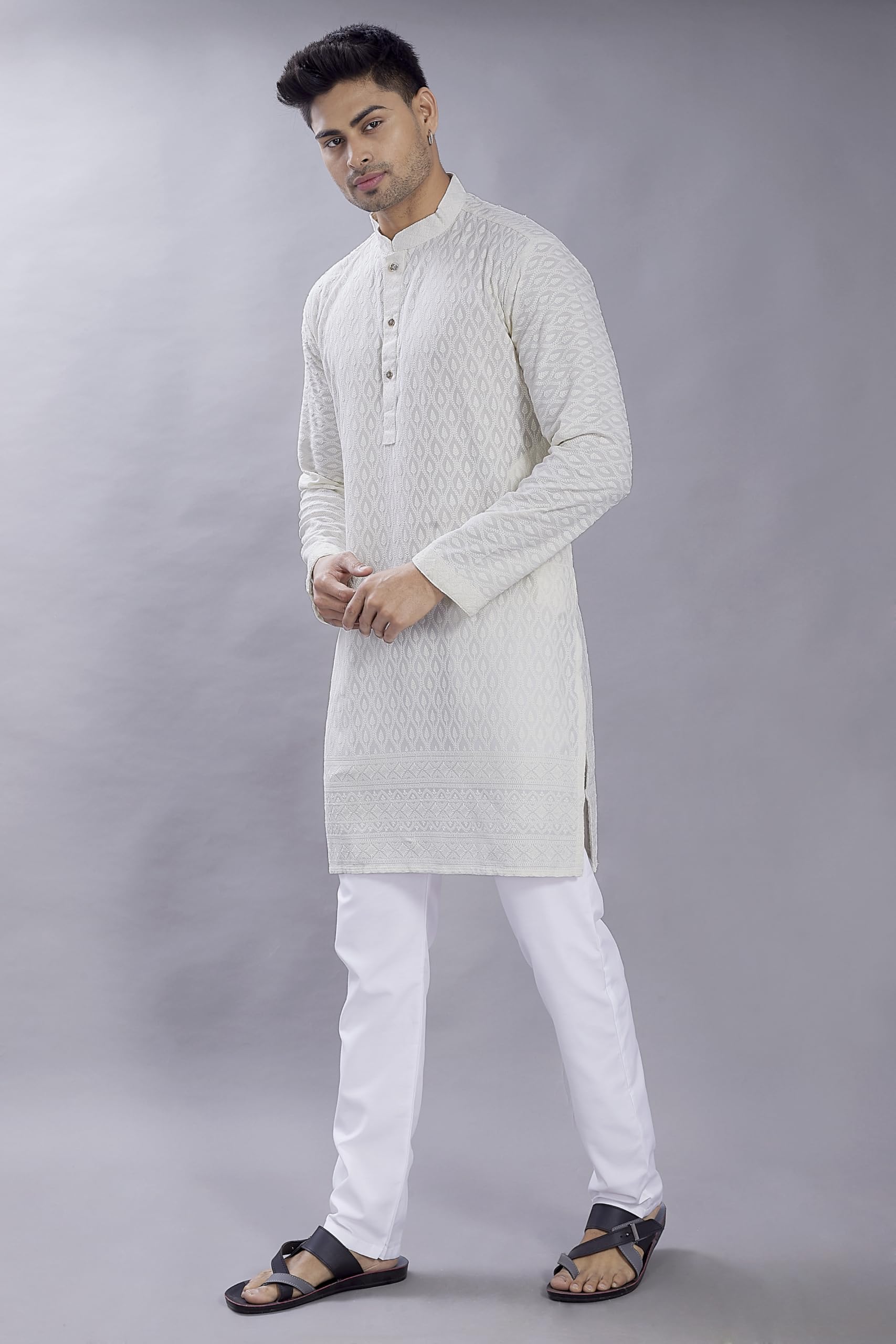Divisive Men's Thread Embroidered Cotton Blend Only Slim Fit Kurta (Dkrt735_S_Off White)