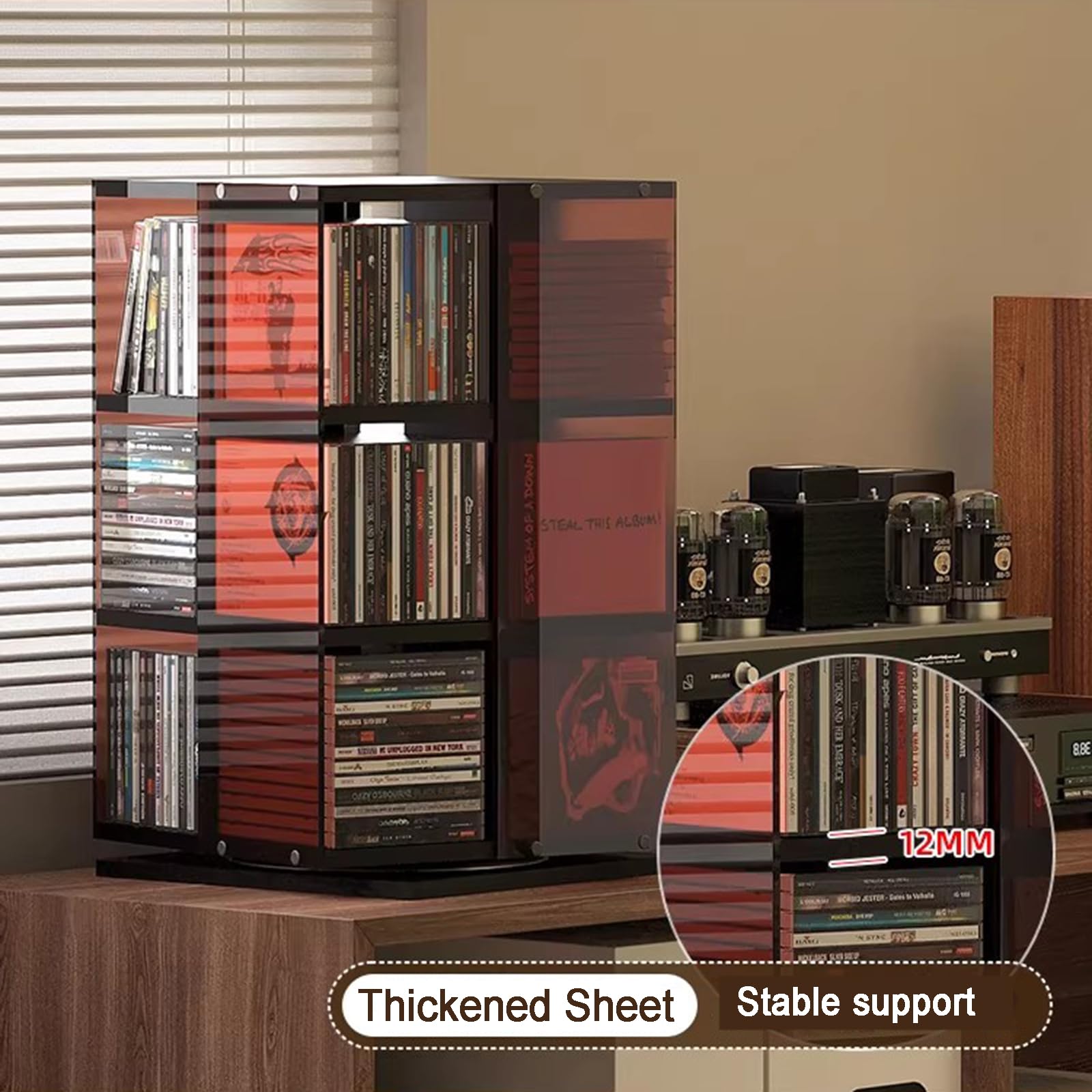 Supporto per CD, torre multimediale a 3 livelli con base girevole a 360°, può contenere 120 dischi, espositore per libri, riviste, DVD