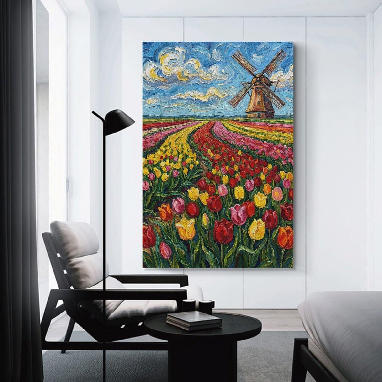 Junmoney Wall Decor Canvas Print Tulip Field with Windmill Painting, 20x30inch(50x75cm), for Bedroom Walls, Guest Spaces Or Lounges, Decorative Wall Art for Cosy Rooms
