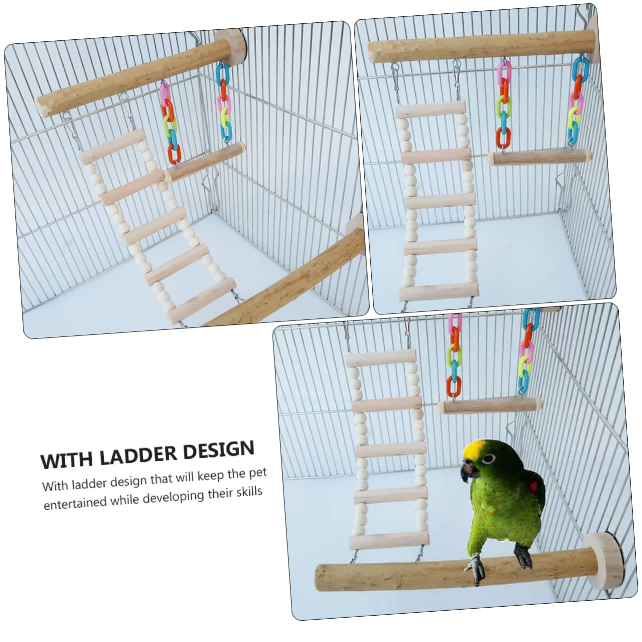 COLLBATH Parrot Bird Ladders for Parrots 4pcs Wooden Climbing Ladder Swing Toys w Interactive Perch