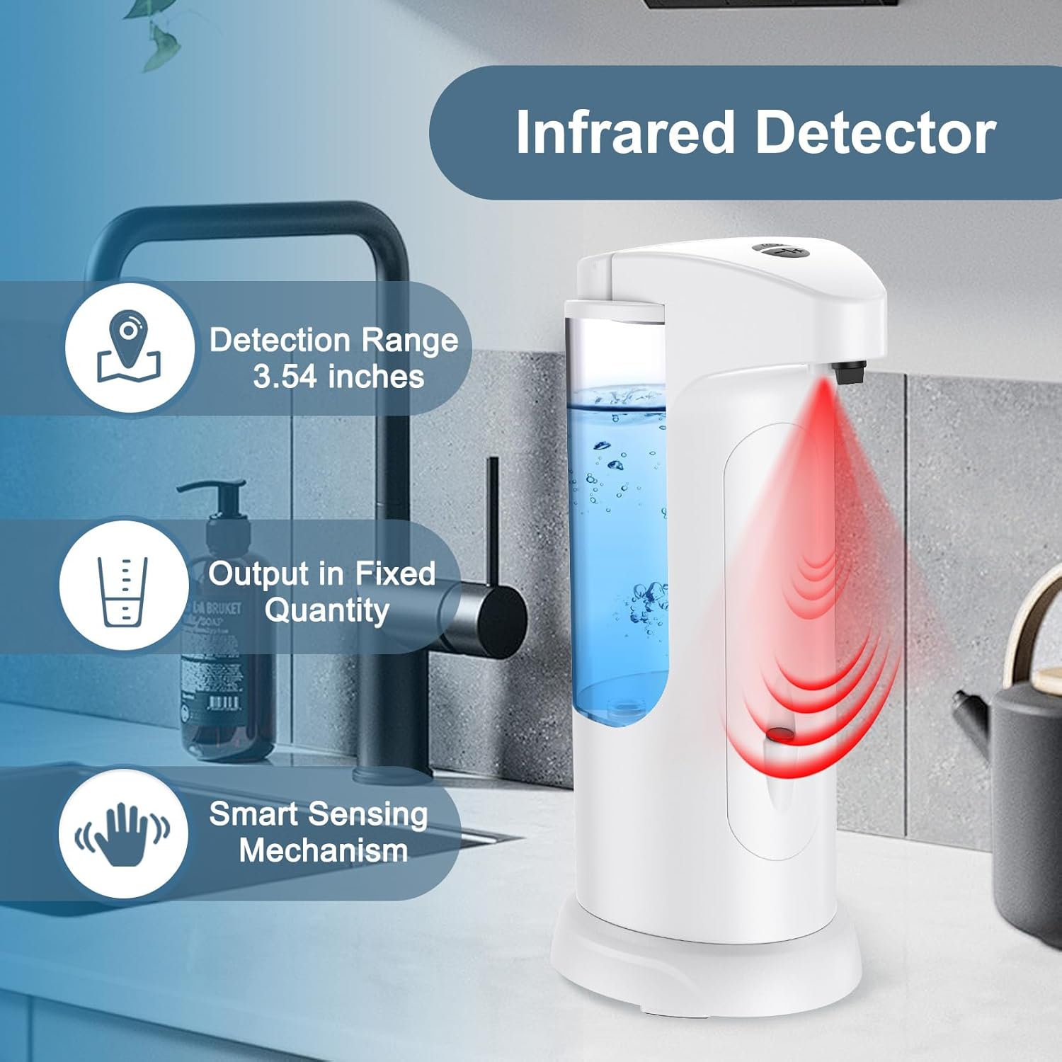 12.5oz Automatic Liquid Soap Dispenser, Touch-Free Battery Operated Adjustable Soap Dispensing Volume for Kitchen Bathroom