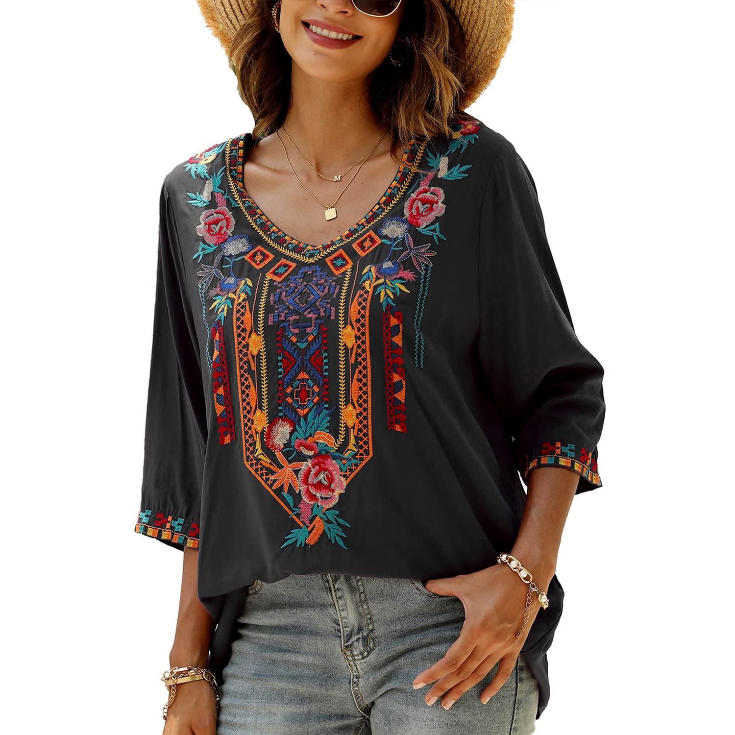 Seasonal Camiseta de Verano para Mujer, diseño de Bohemia, Bordado, Cuello en V, Cuello de Pico, 3/4 Brazo, Tops Sueltos, túnica para Mujer