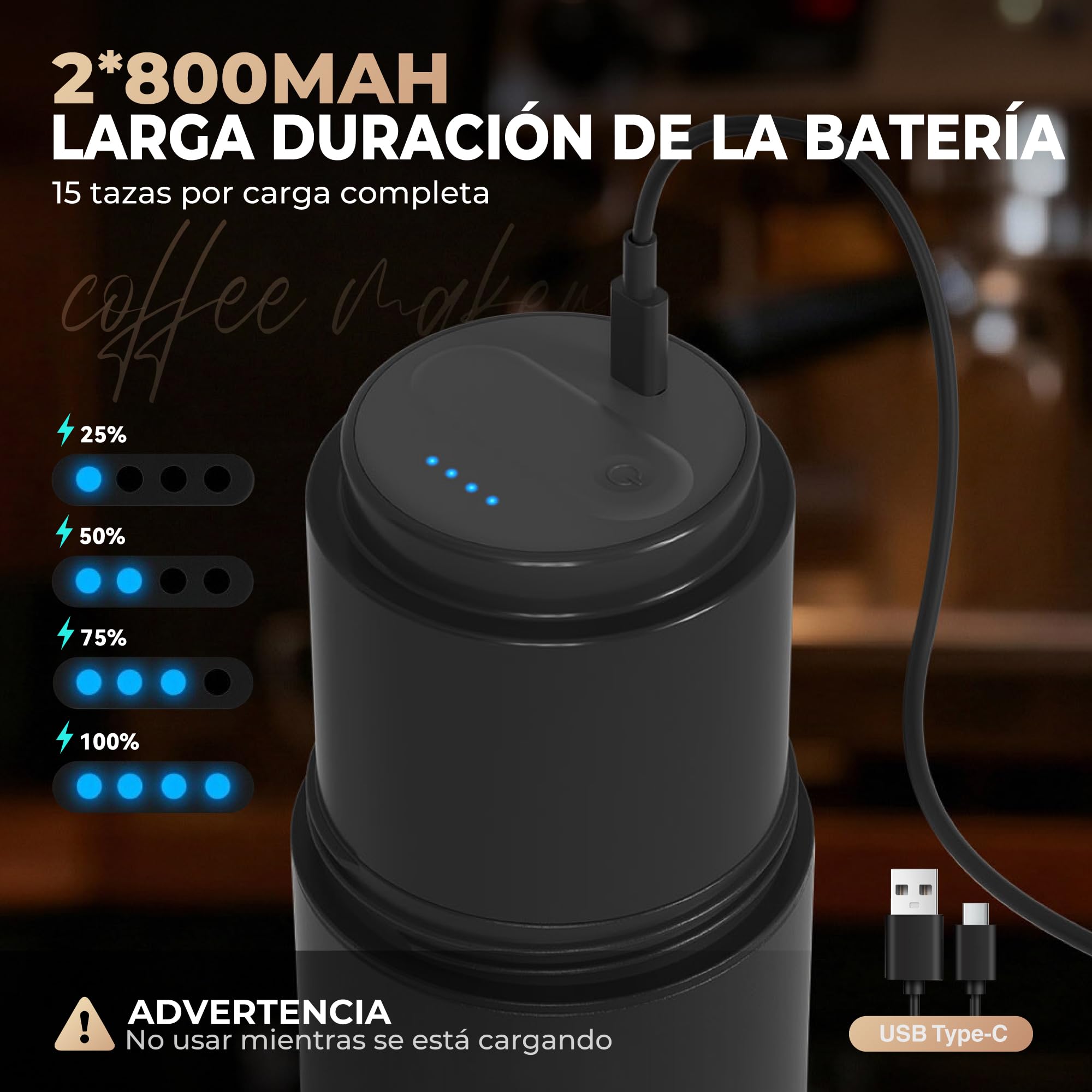HAUSHOF Molinillo de Café Eléctrico Portátil Inalámbrico con Taza Térmica Doble 700ml, 5 Niveles de Molienda Ajustable, Cafetera Vertido Todo en Uno para Camping, Outdoor Viaje, RV y Oficina