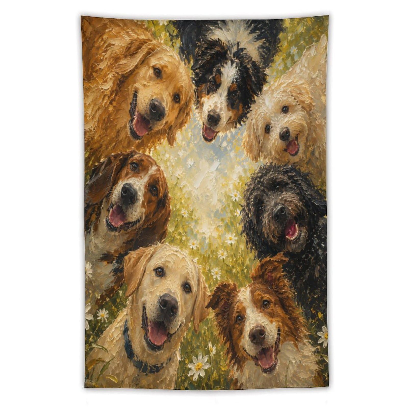 H3B8U2Y5 Happy Dogs Floral Wall Tapestry, Realistic Illustration Style