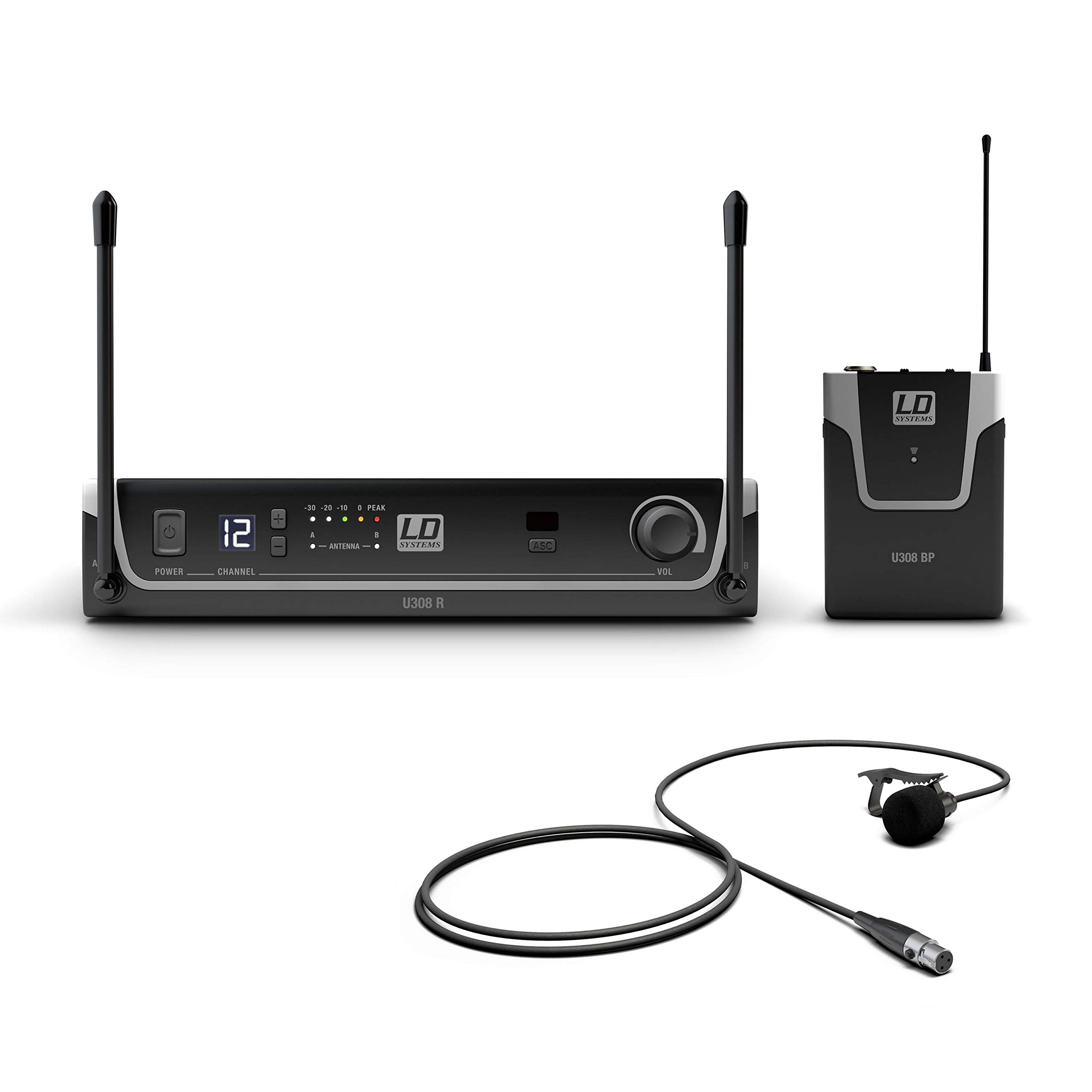 LD Systems U308 BPL - Funksystem mit Sender/Empfänger, Bodypack und Lavalier Mikrofon, 823-832 MHz + 863-865 MHz, schwarz