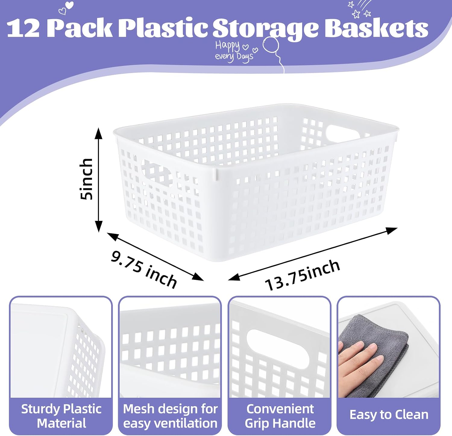 Lineshading 12 Pack Plastic Storage Baskets for Organizing, White | 13 x 10'' Large Plastic Storage Baskets Bins with Grip Handles, Stackable Mesh for Cabinets, Desktops, Shelves, Home & Office