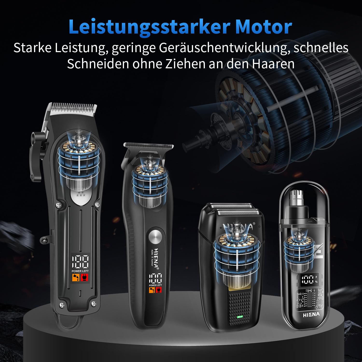 HIENA PRO Profi Haarschneidemaschine Set für Männer, Schnurloses Haarschneider, Barttrimmer, Folienrasierer, Nasentrimmer Set, Komplettes Elektrischer Haarschneider Kit mit 7 Führungskamm (249 Set)