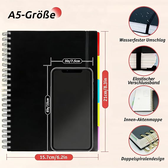 RITOLLO 360 Pages A5 Spiral Notebook with 5 Compartments Ruled College Style 100GSM Thick Paper Large Notebook with Removable Dividers for School Office Study and Work (Black)
