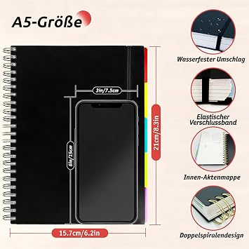 RITOLLO 360 Pages A5 Spiral Notebook with 5 Compartments Ruled College Style 100GSM Thick Paper Large Notebook with Removable Dividers for School Office Study and Work (Black)