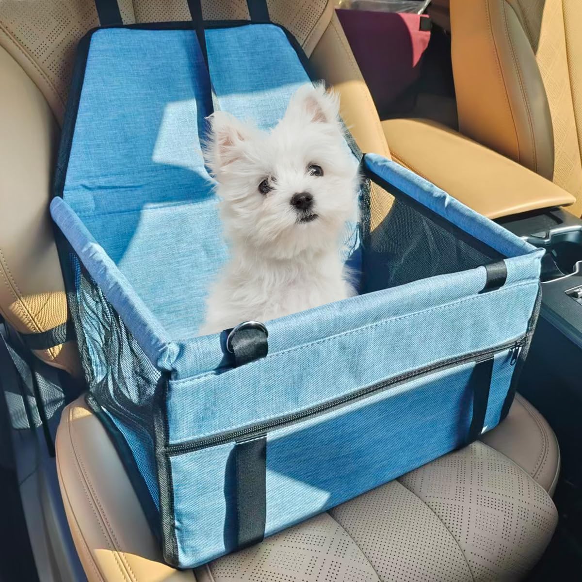 Craedli Dog Car Seat, Portable Foldable Oxford Cloth Pet Booster Seat with Safety Leash & PVC Frame, Breathable Waterproof Auto Interior Pet Travel Bag Fit for Small Dogs/Cats Up to 15 LBS (Blue)
