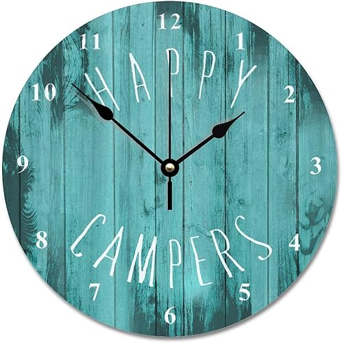 Happy Campers - Reloj de pared turquesa para jubilación, casa rodante, camping, reloj de madera de 10 pulgadas, silencioso, sin tictac, funciona con