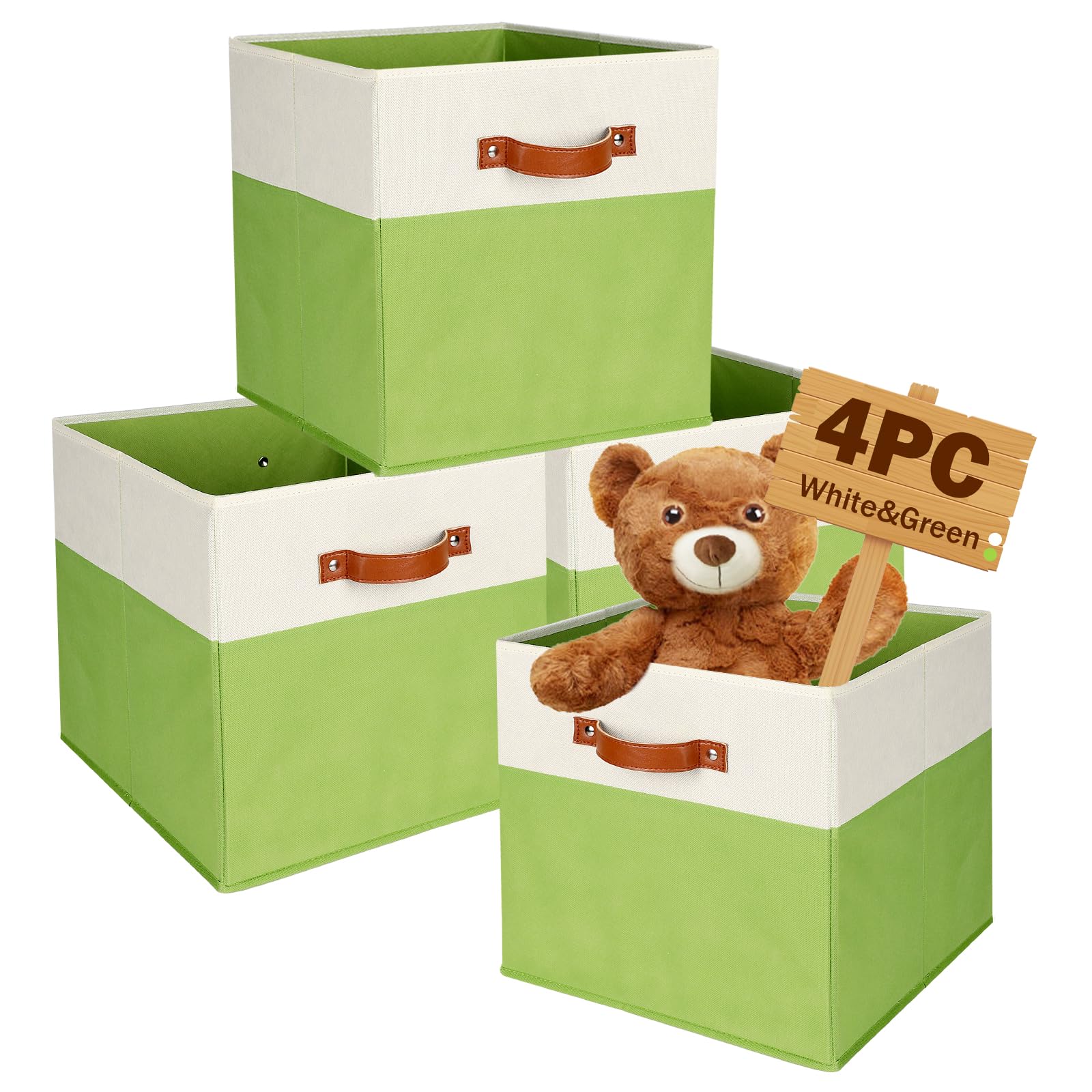 SimpliBins 13x13x13 Storage Cubes Bins 4 Pack, Upgrade Collapsible Fabric Storage Cubes with PU Handle, Simple Cubical Storage Boxes for Cube Organizer, Shelf and Closet Storage (White&Green)