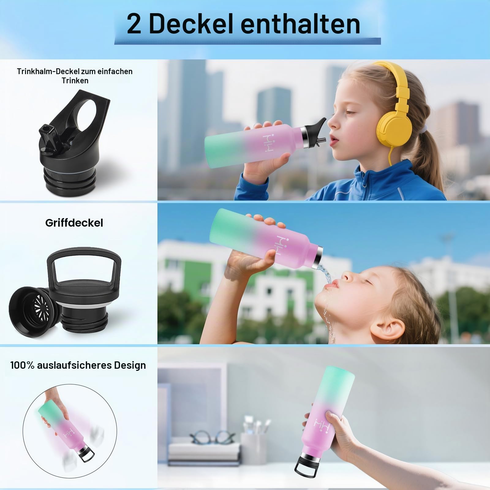 Trinkflasche Edelstahl 500ml, Auslaufsichere Isolierflasche mit Strohhalm, Kohlensäure Geeignet, Einhandöffnung, Vakuum Thermosflasche… – Ansicht 3