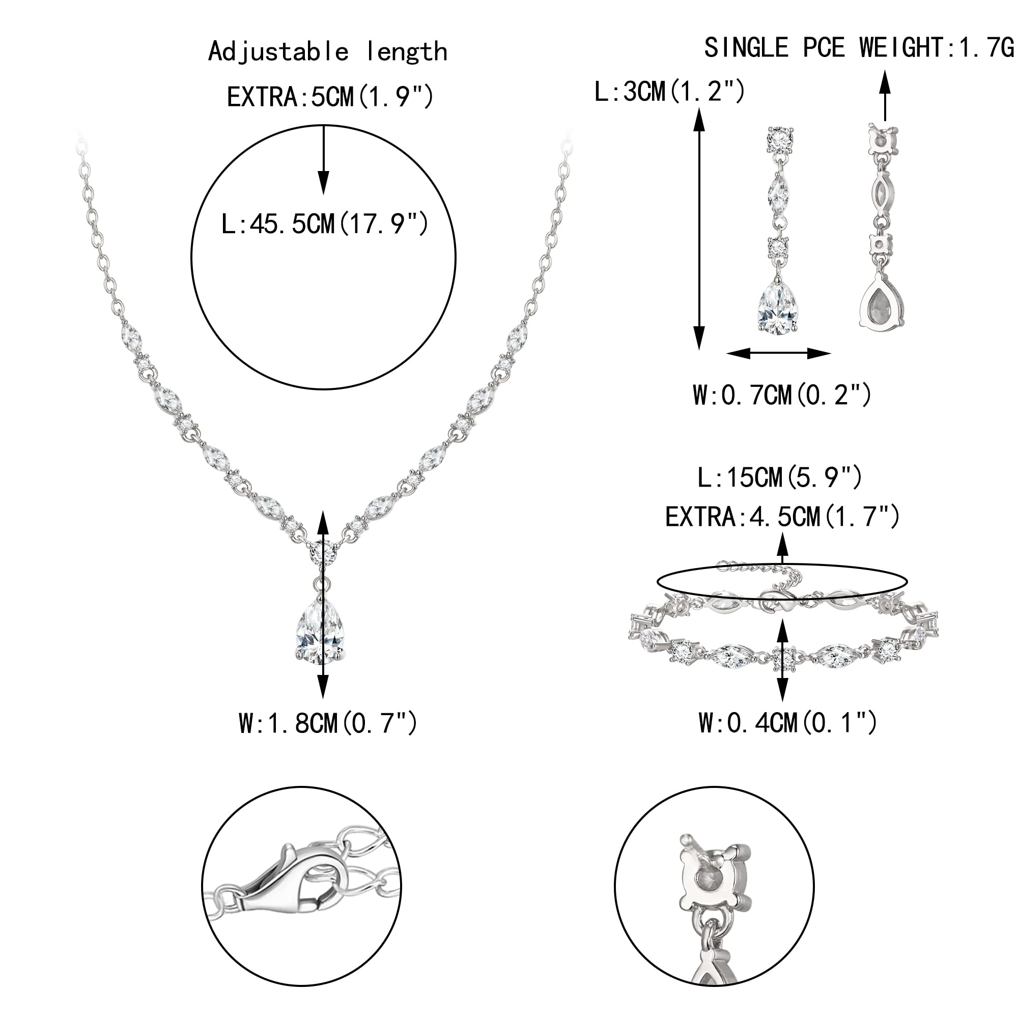 EVER FAITH Goccia Zirconia cubica Set di Gioielli da Sposa per la Sposa Damigella d'Onore, Scintillante CZ Elegante Ciondolo Collana Orecchini Pendenti Bracciale Set per Le Donne