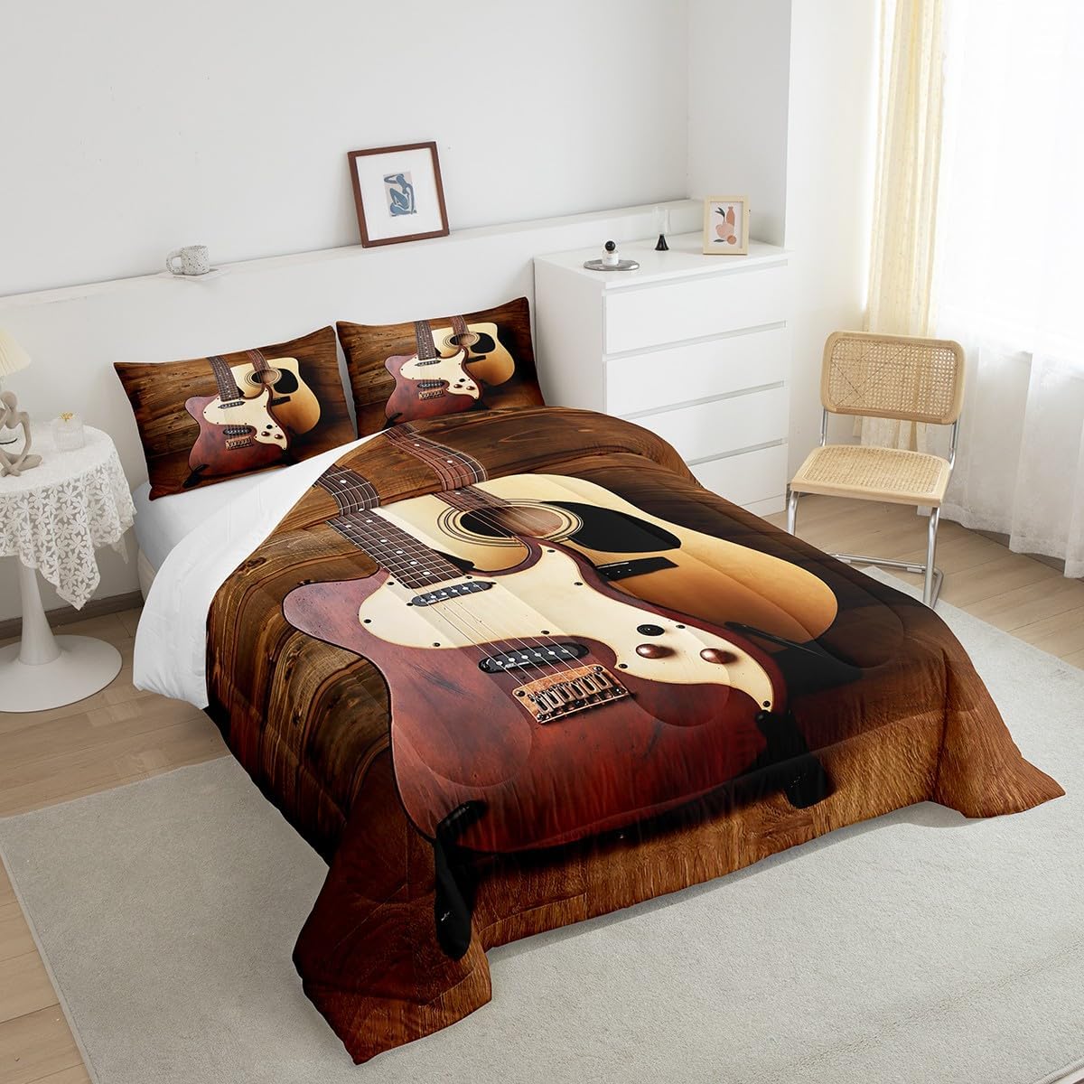 Erosebridal Electric Guitar Bedding Set Queen Acoustic Guitar Comforter Set, Vintage Guitar Shop Bedding Comforter Sets Brown Wooden Stripe Duvet Retro Farm Style Quilted Comforter Musician Room Decor