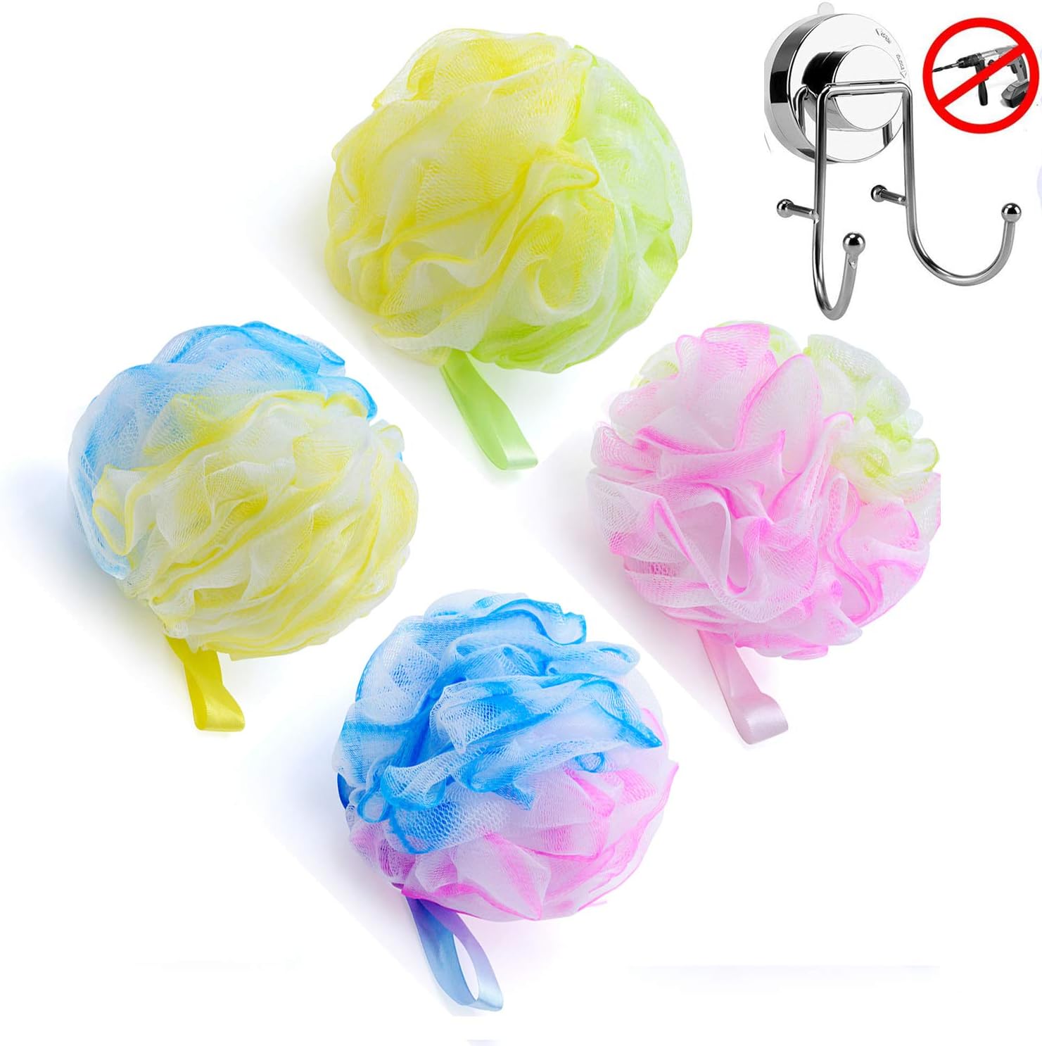 Set of 4 Loofah Bath and Shower Sponge, 60g/Pcs, Exfoliating Mesh Pouf Bath Sponge Ball, with 1 Vacuum Suction Hook