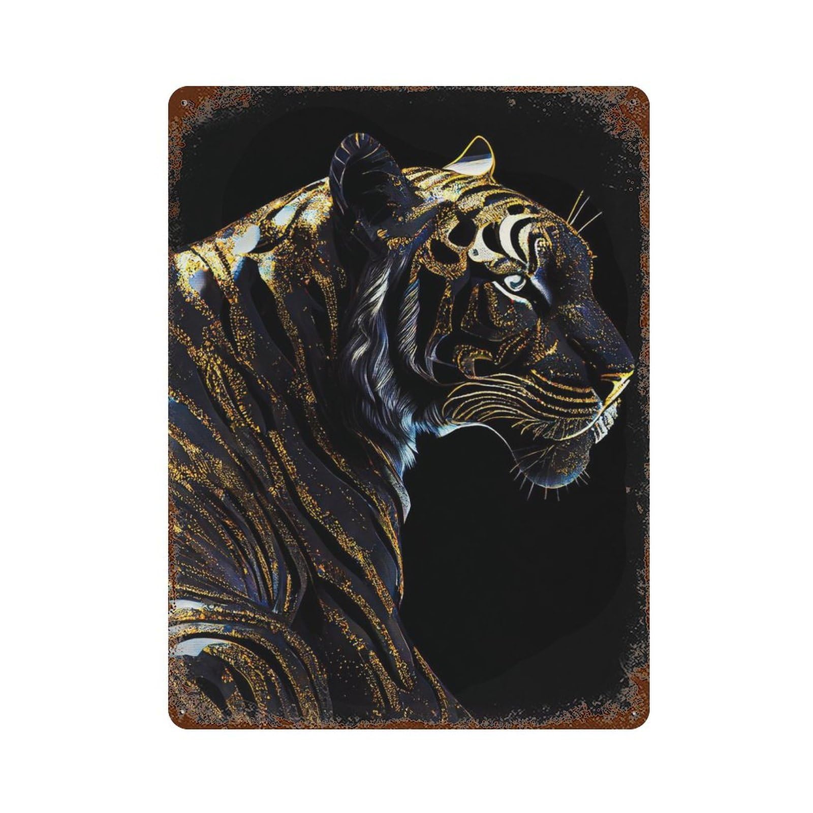 Rust Effect Black Golden Tiger Retro Metal Sign 15.7"x11.8", Farmhouse Wall Decor for Living Room, Hallway And Home Decor