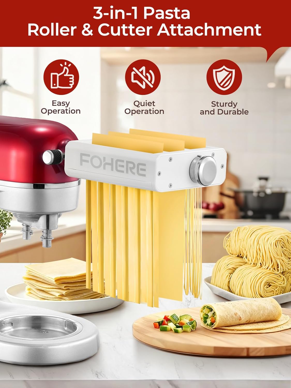 3-IN-1 Pasta Maker Attachment for KitchenAid Stand Mixer, Pasta Maker Accessories with Pasta Roller, Fettuccine Cutter, Spaghetti Cutter and Cleaning Brush, Homemade Fresh Noodles and Italian Cuisine