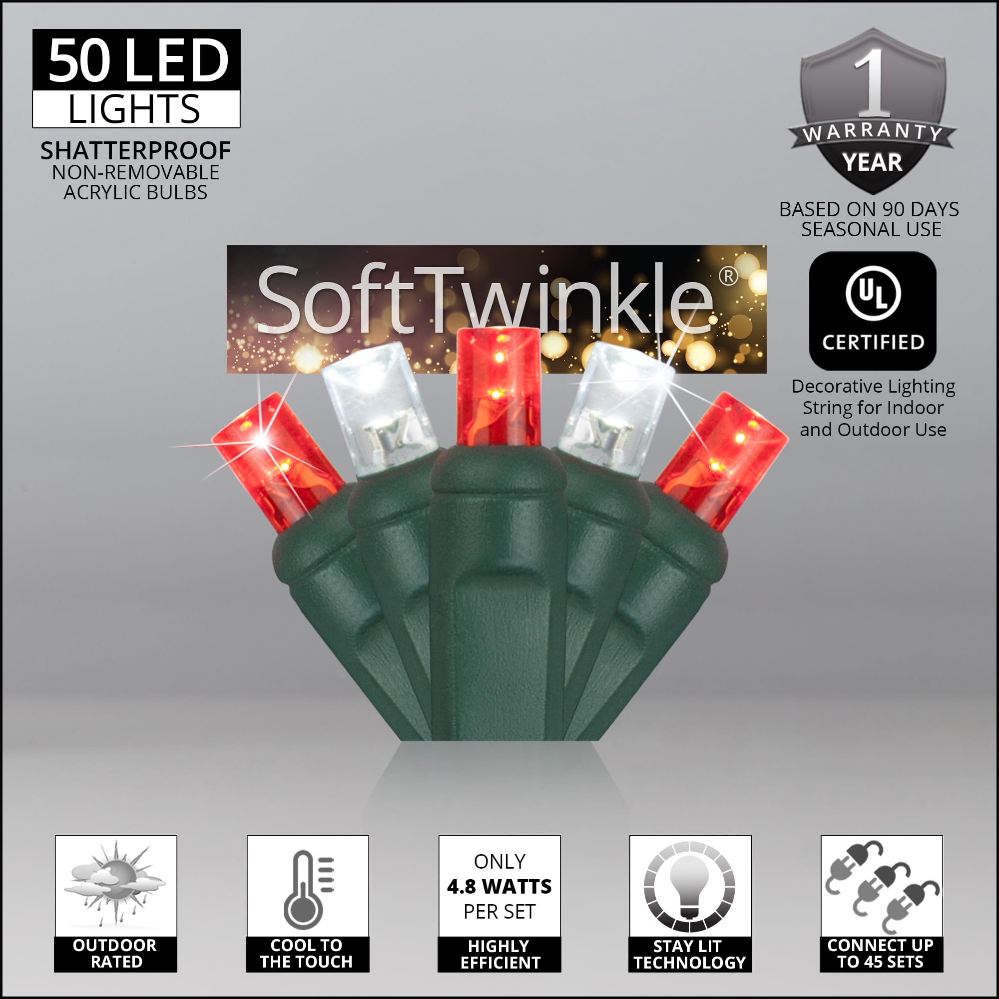 100 LED Soft Twinkle Christmas Lights – Slow Twinkling, 50 Of 100 Lights Twinkle, UL Certified, 29-Foot Connectable, Waterproof, Indoor/Outdoor, Multi-Colored