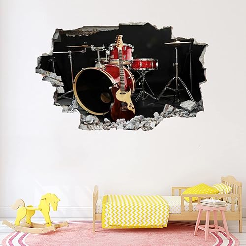Miniatura 4 de Calcomanías de pared de guitarra, arte de tambores aplastados 3D, calcomanías de pared extraíbles, mural de pared musical, dormitorio, vinilo