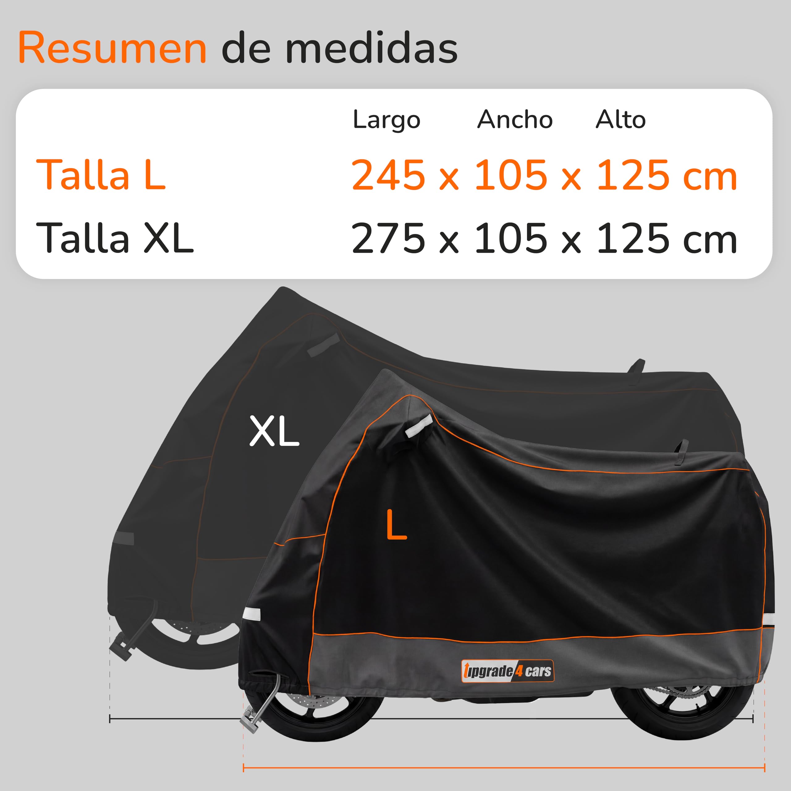 Upgrade4cars Funda para Moto Exterior Impermeable y con Candado | Garaje Universal Moto Resistente al Invierno 210D Poliéster Negro | Cubierta Scooter Tamaño L 245x105x125 cm - 5